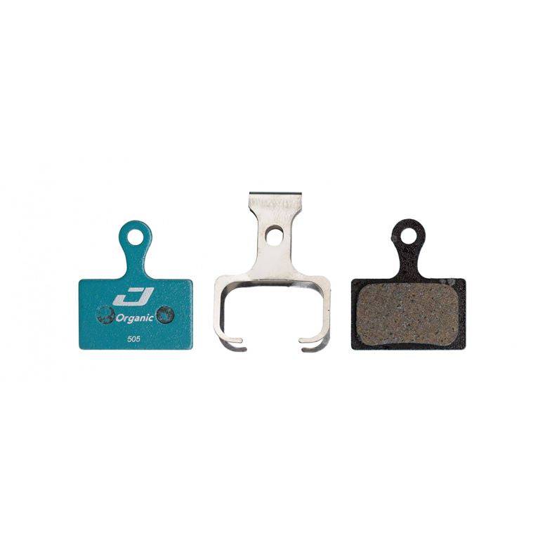 Jagwire Sport Organic disc brake pads for Shimano MTB and RideRever Cargo-x, blue color, shown with component details