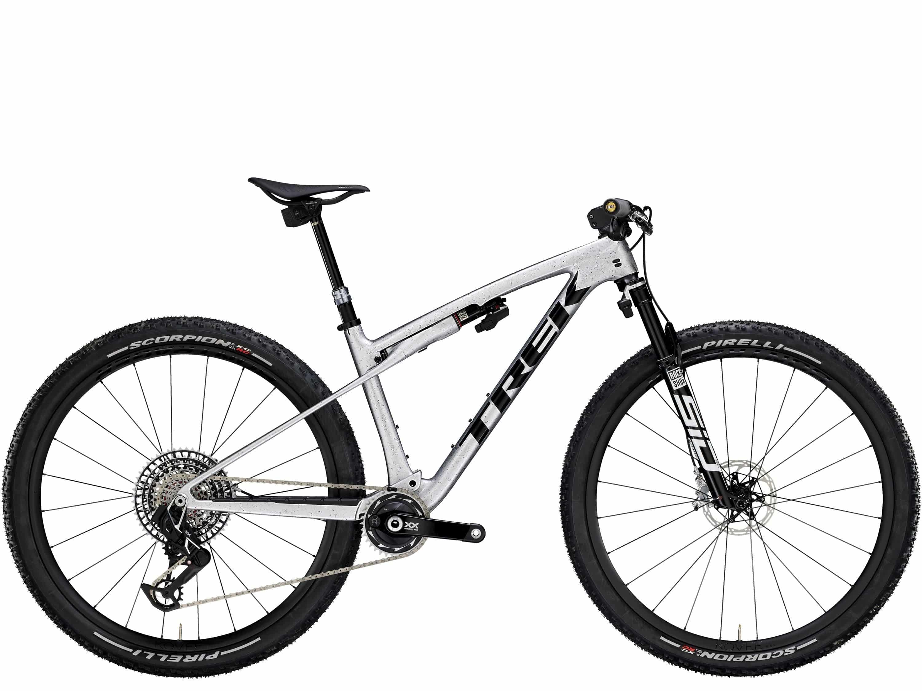 Trek Supercaliber SLR 9.9 Flight Attendant Gen 2 mountain bike for XC racing, shown with sleek frame and high-performance components.