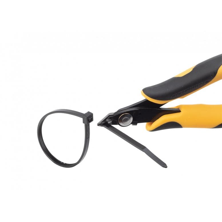 Jagwire Sport Zip Tie Cutter with holding feature, yellow color, shown in a workshop setting for clean and precise cable tie cuts.