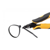 Jagwire Sport Zip Tie Cutter with holding feature, yellow color, shown in a workshop setting for clean and precise cable tie cuts.