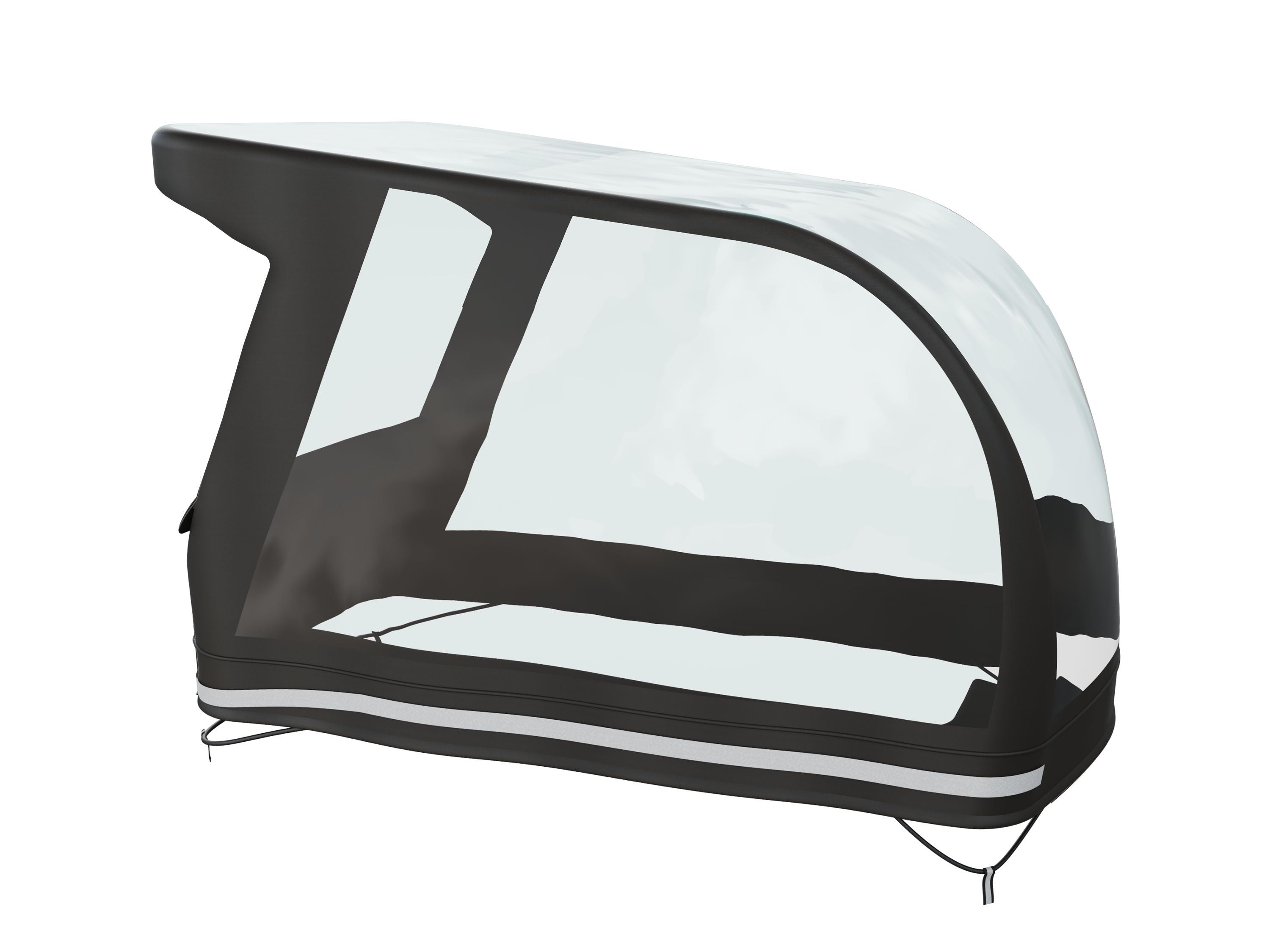 Black and clear Trek Fetch+ 4 rainfly replacement fabric for carrier rain cover accessory, shown in black and clear material.