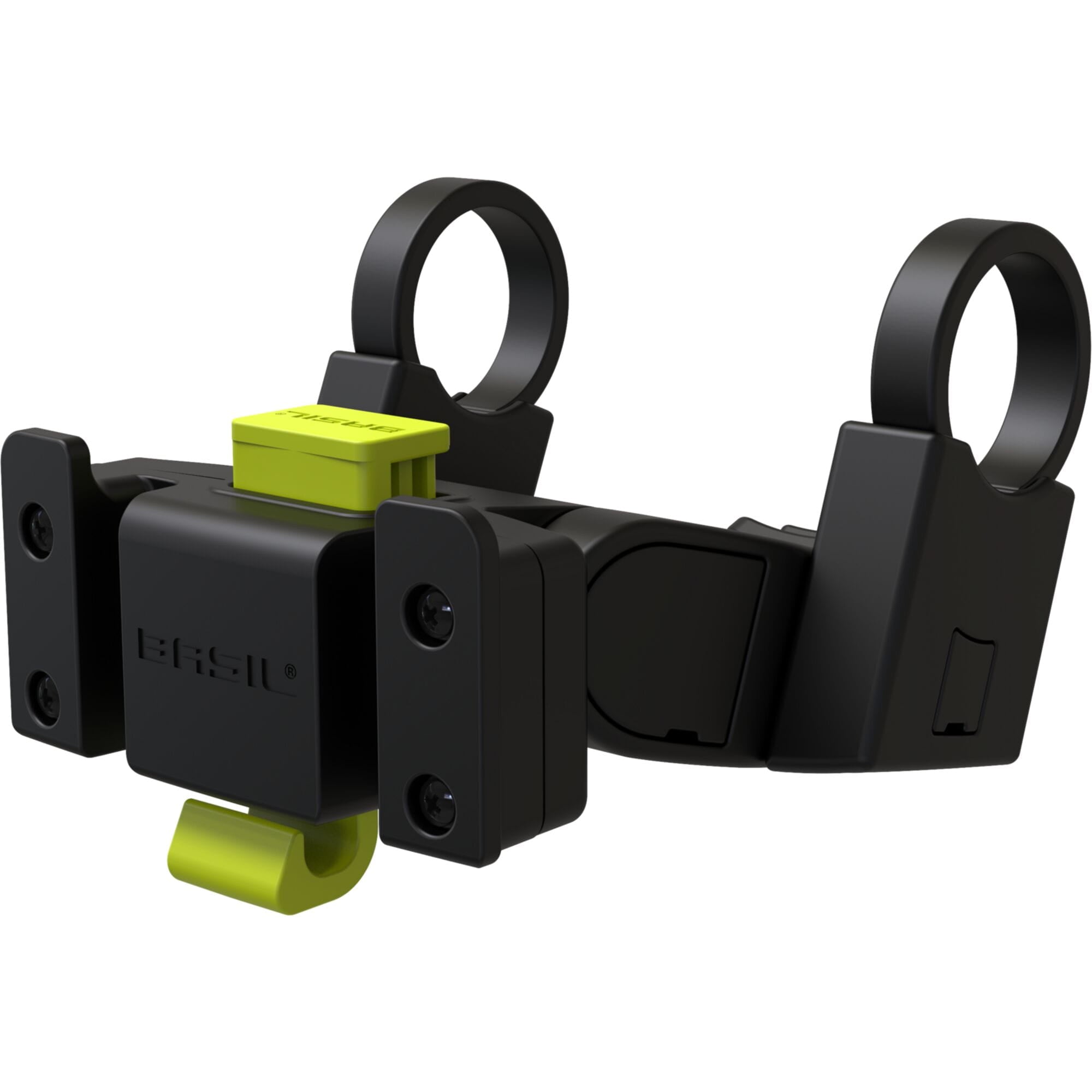 Basil KF handlebar holder in black for bicycles, adjustable mount for baskets and handlebar bags, accessory for bike storage.