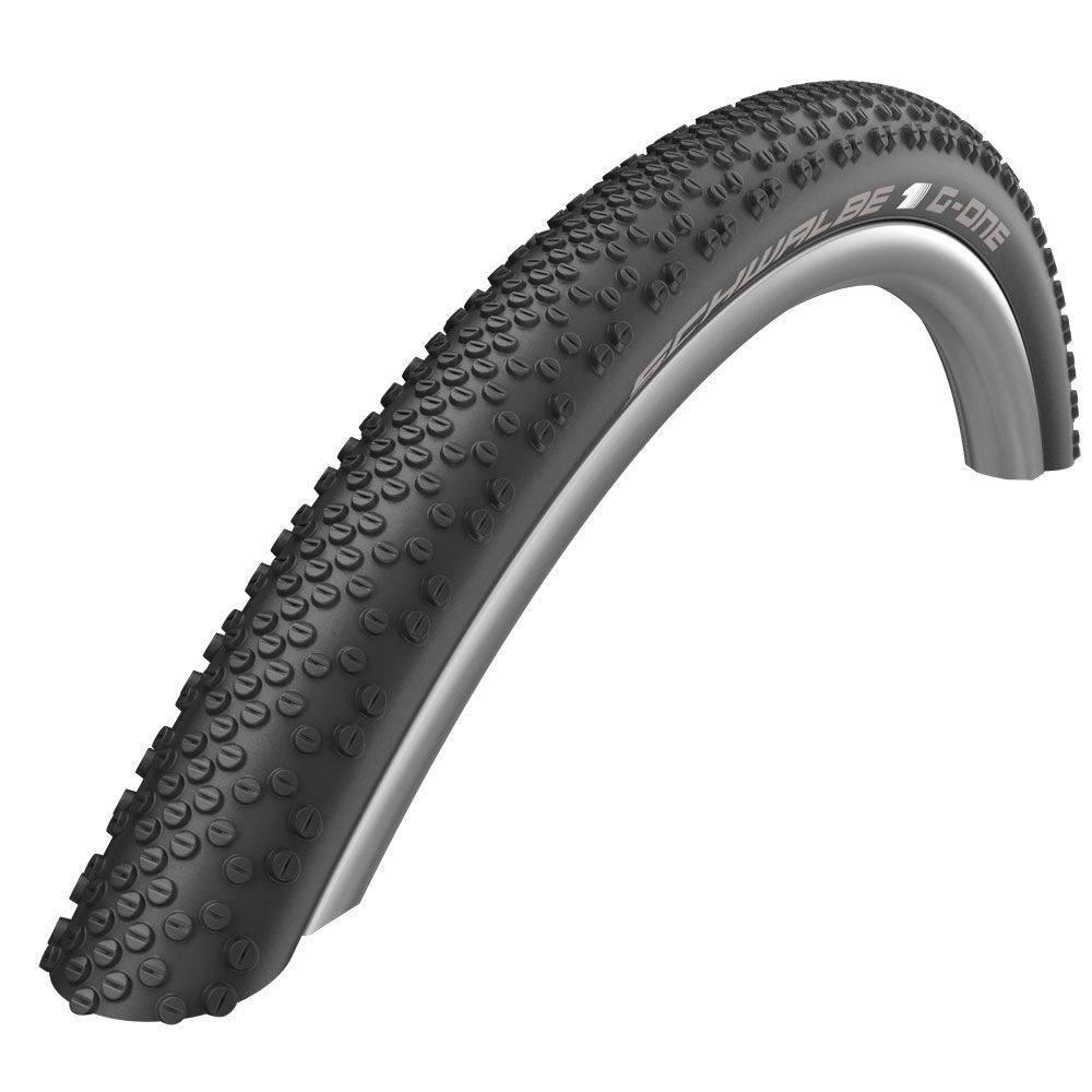 Schwalbe G-One Bite Evo gravel tire with tubeless-ready design, showcasing its tread pattern and durable sidewalls for off-road riding.
