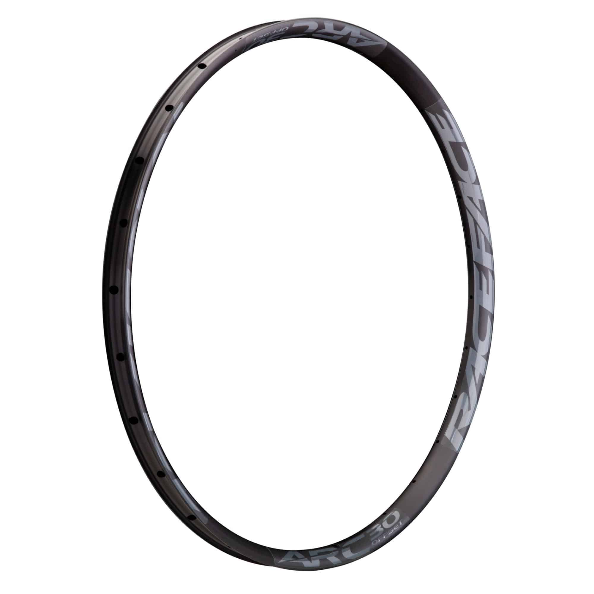 Race Face Arc Offset MTB rim, tubeless-ready, available in 27.5" and 29", showcasing the black lightweight alloy wheel component.