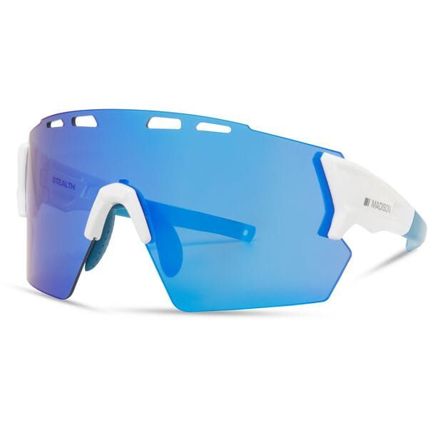 Madison Eyewear Stealth Gloss White cycling sunglasses with blue mirror lenses, sporty and aerodynamic for outdoor riding.