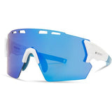 Madison Eyewear Stealth Gloss White cycling sunglasses with blue mirror lenses, sporty and aerodynamic for outdoor riding.