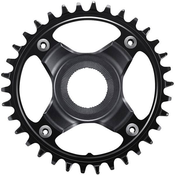 Shimano STEPS SM-CRE80 34T chainring for e-bike, compatible with 11/10-speed HG chains, showing the silver component with teeth.