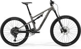 Merida One-Forty 400 full suspension mountain bike with Shimano 11-speed drivetrain, black frame and knobby tires.