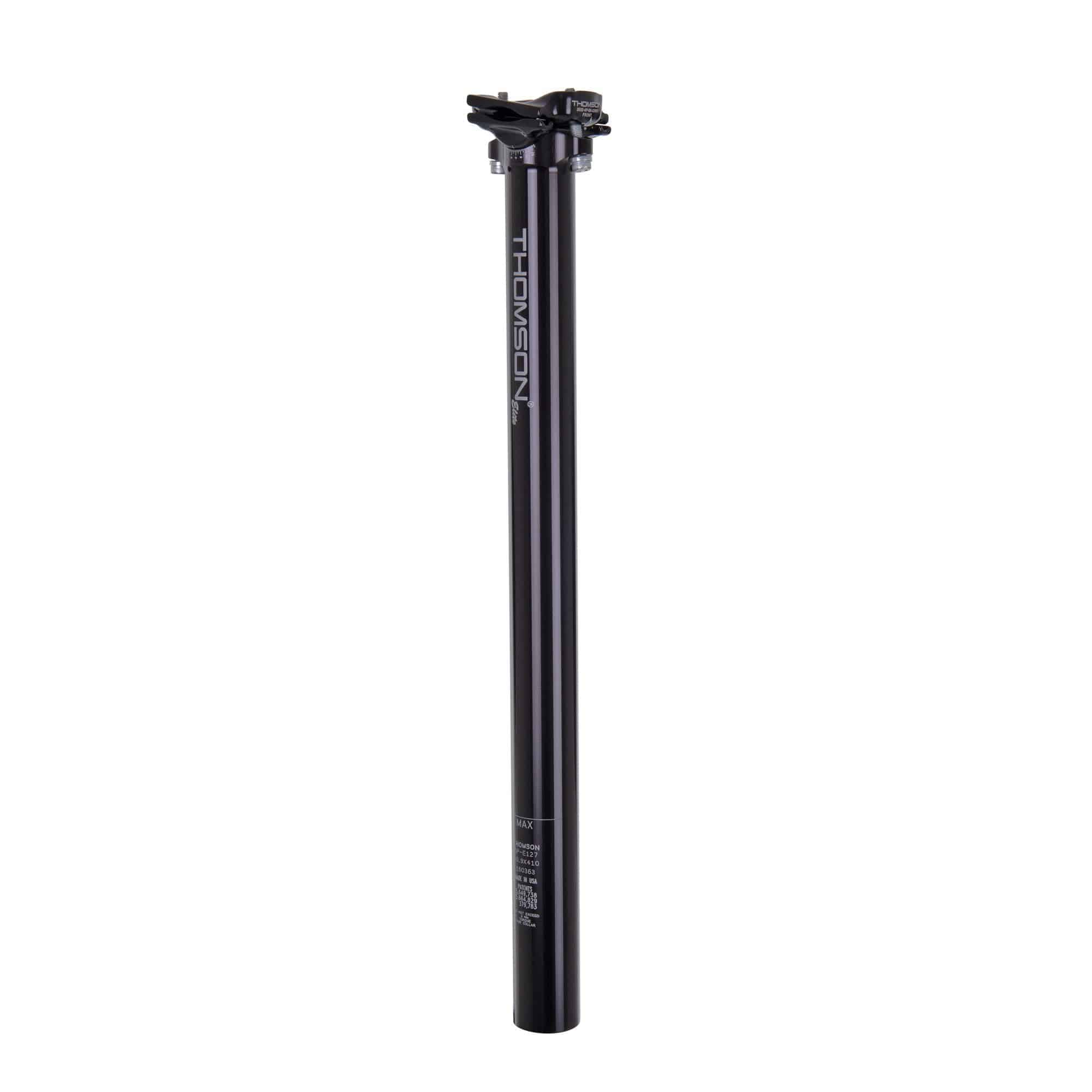 Thomson Elite inline bike seatpost, high-strength durable component for road and mountain bikes, shown in black with sleek design.