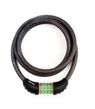 Master Lock cable combination lock with 12mm diameter and 1.8m length, featuring a 4-dial settable code for security.