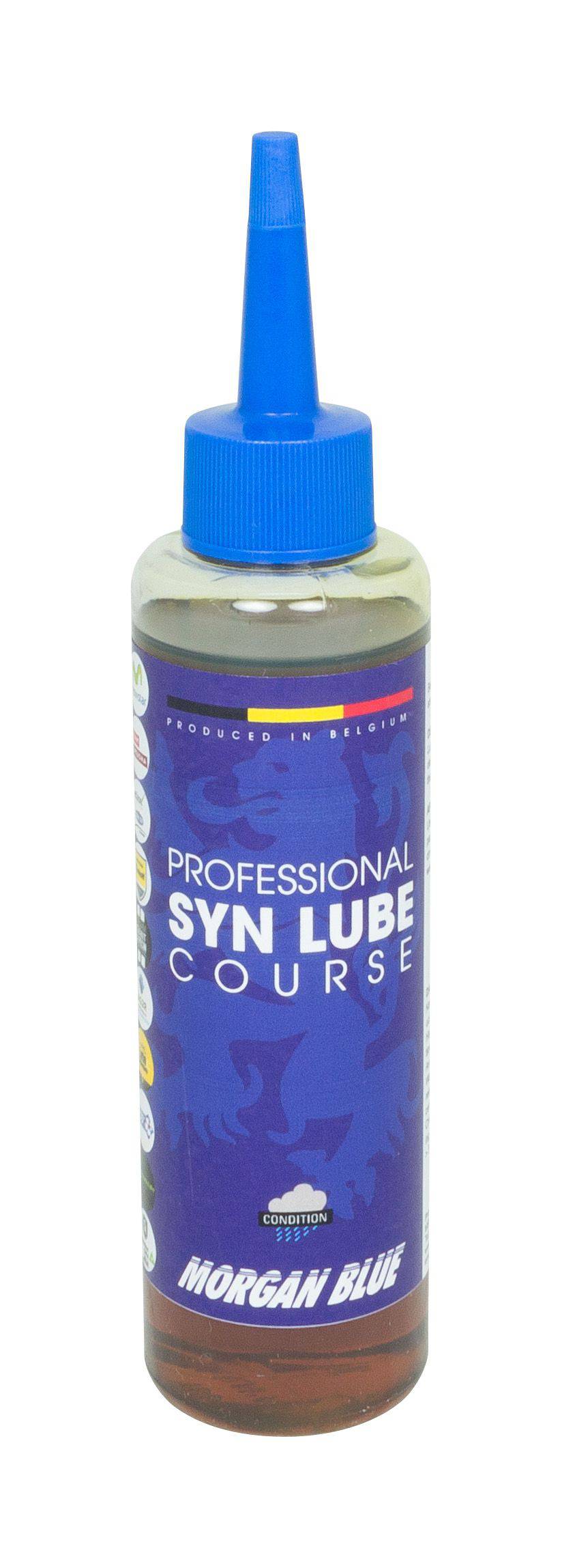 Morgan Blue Syn Lube Course synthetic chain oil for road cycling, shown in a workshop setting with lubricant bottle and bike chain.