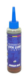 Morgan Blue Syn Lube Course synthetic chain oil for road cycling, shown in a workshop setting with lubricant bottle and bike chain.