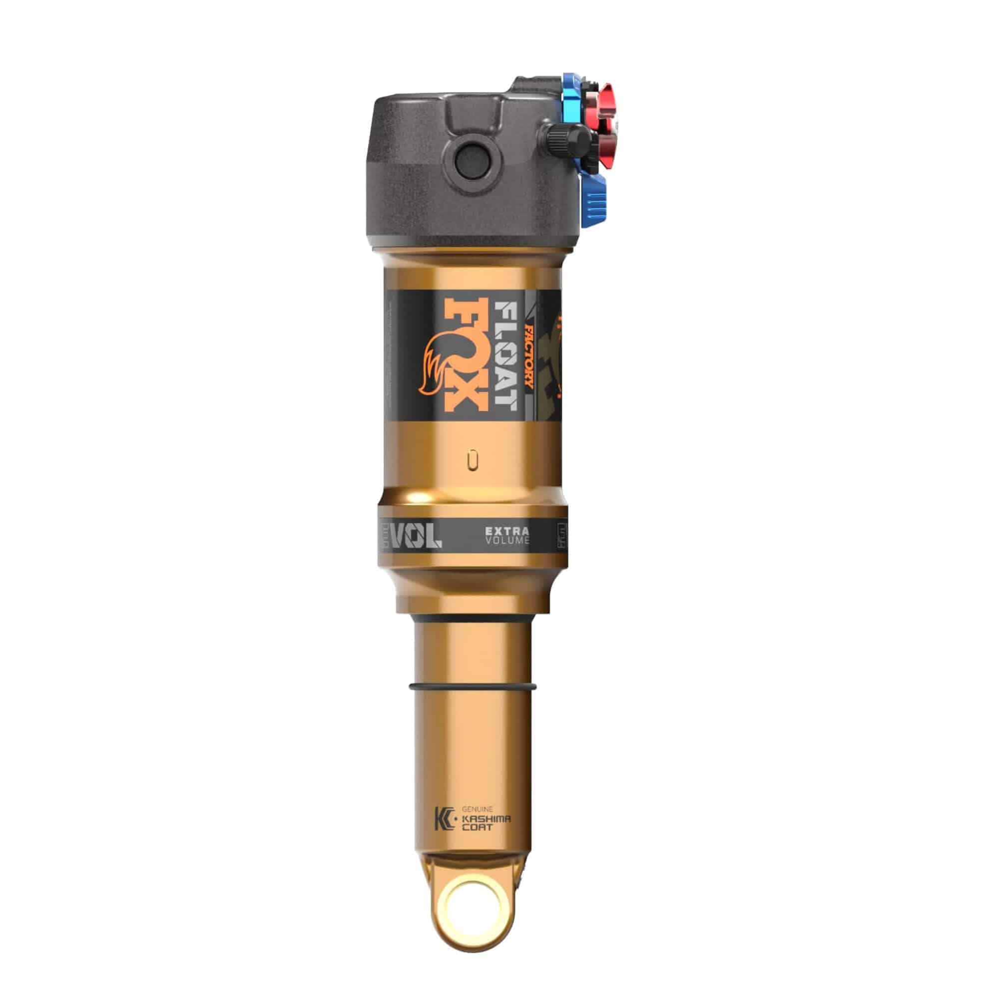 Fox Float Factory rear shock for mountain bikes and e-MTBs, featuring 2-position adjustment and high-performance components.