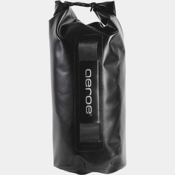 Aeroe 12L waterproof dry bag for bike packing with quick release system, shown in black with adjustable strap and secure closure