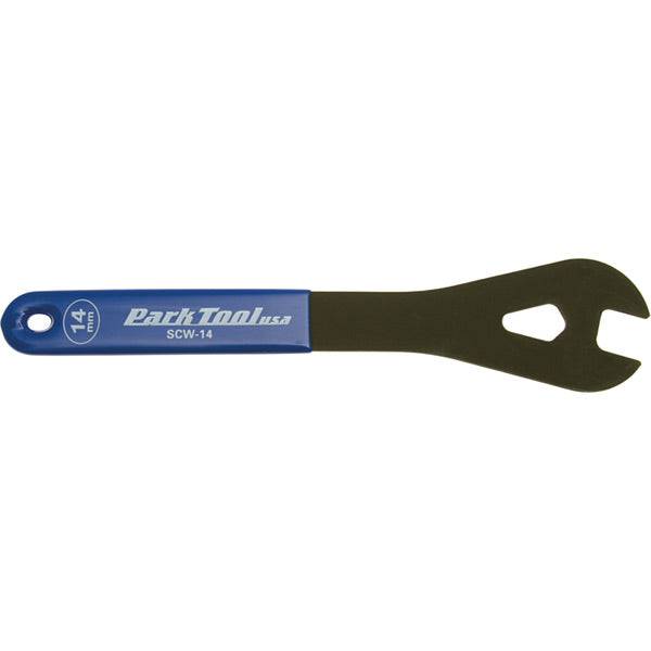 Park Tool SCW-14 14mm shop cone wrench for bicycle wheel maintenance, featuring a durable metal construction and ergonomic handle.