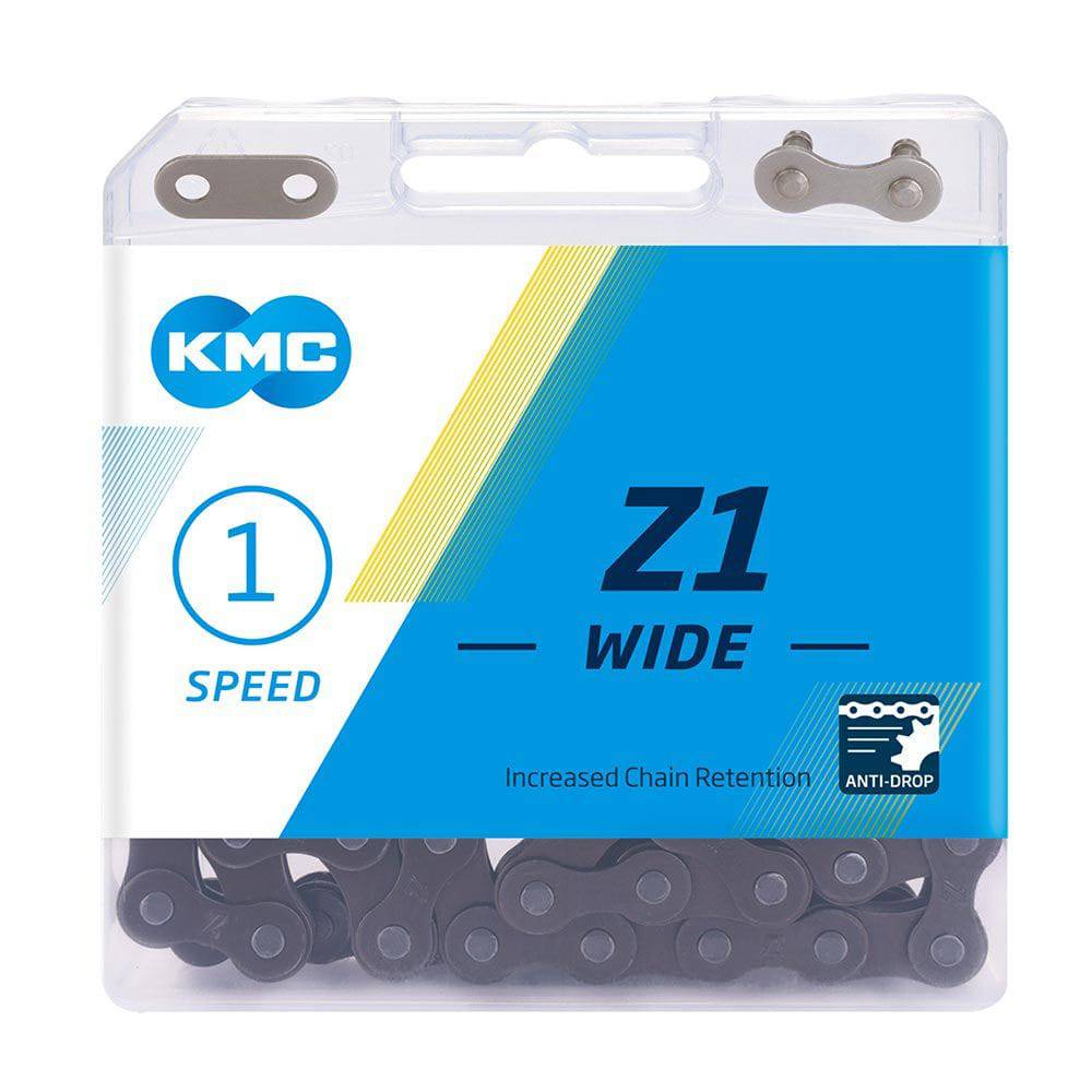 KMC Z1 Wide BMX chain with 112 links, gold Ti-Ni finish, featuring snap-on connector, designed for BMX bike components