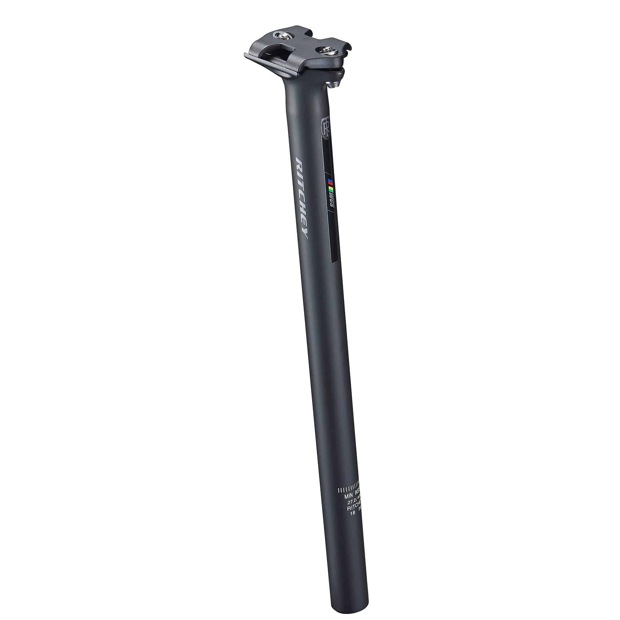Ritchey WCS Zero Offset Seatpost with 2-bolt clamp in multiple diameters, showing sleek black design and clamp mechanism.
