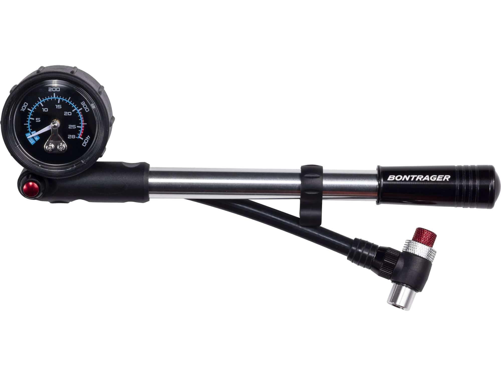 Bontrager shock pump with gauge for front forks and rear shocks, black and grey, accessory for bicycle suspension tuning