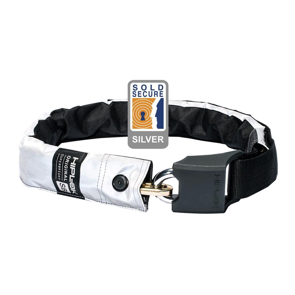 Hiplok ORIGINAL V1.5 wearable bike chain lock in silver, 8mm x 90cm, secured with Sold Secure certification, on a bike accessory.