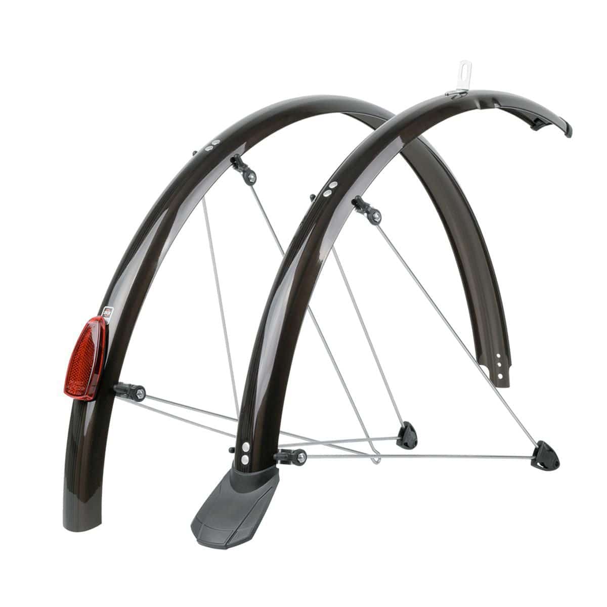 SKS Mountain Guards Chromoplastics 26-inch full coverage mudguard set installed on a mountain bike with black and red accents.