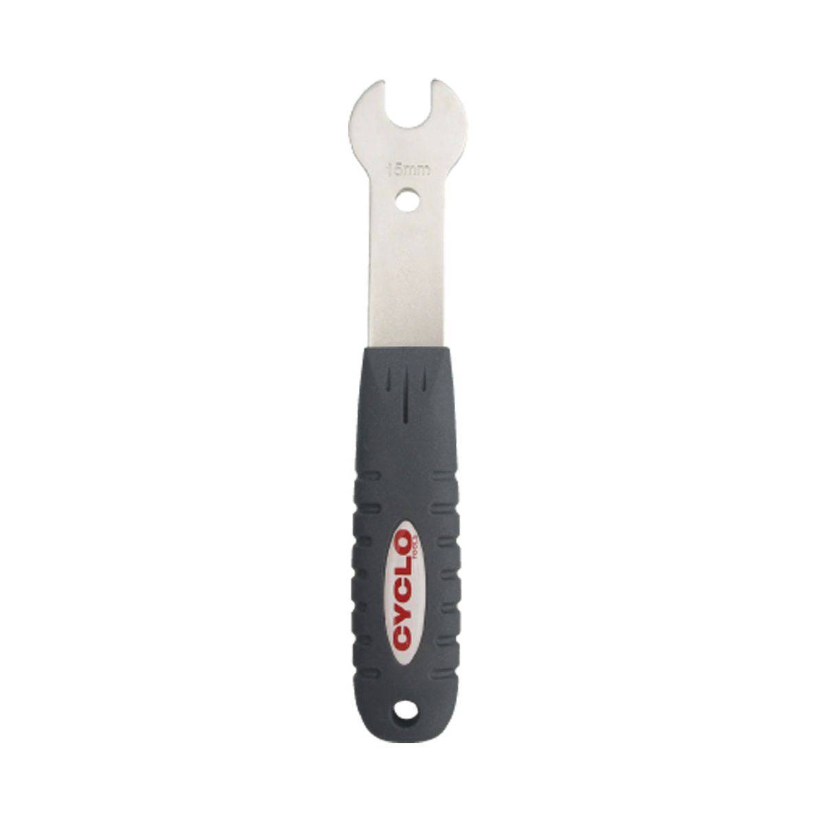 Cyclo Tools workshop 15mm pedal spanner tool for bike maintenance and pedal repair, shown on a clean workbench.