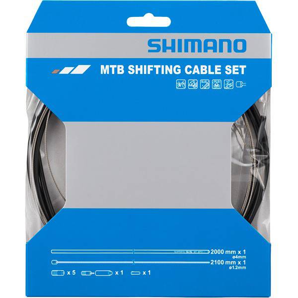 Shimano MTB rear gear cable set with stainless steel inner cable and black outer casing for bicycle shifting components.
