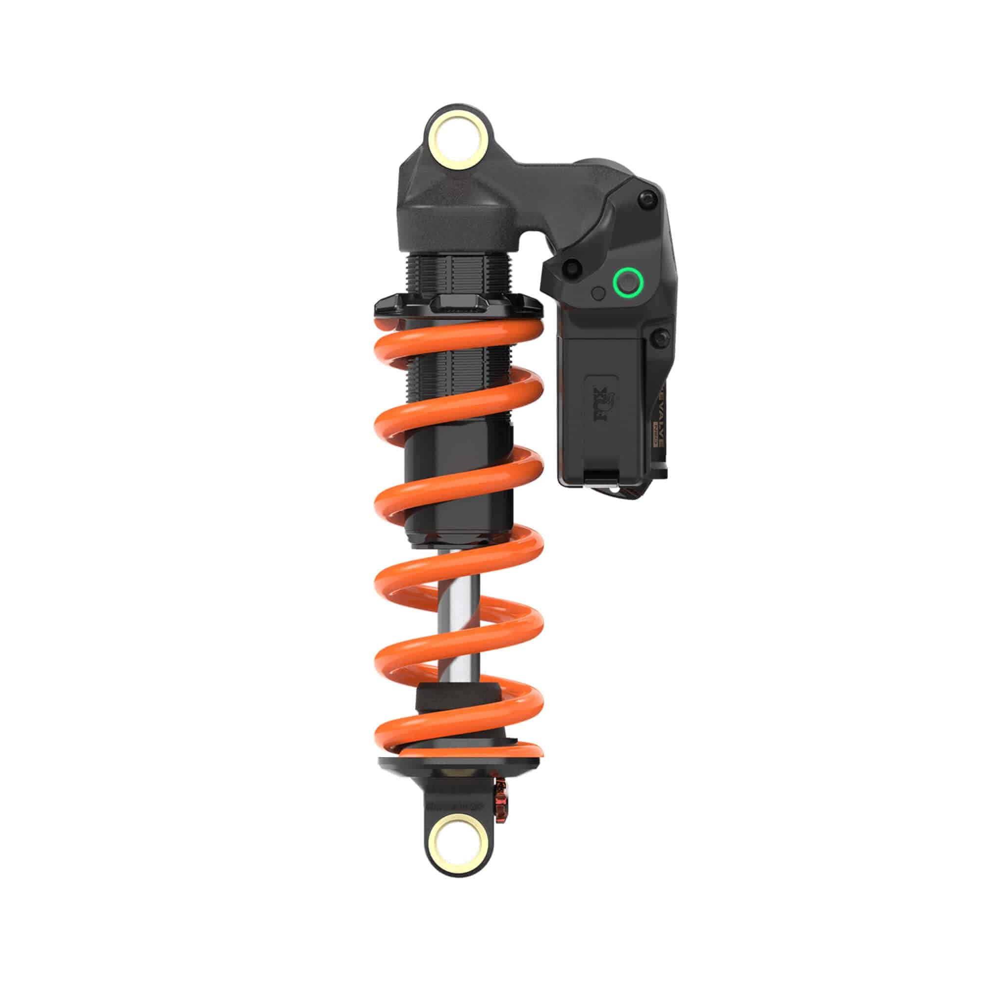 Fox DHX Live Valve Neo rear shock with sensor, showcasing electronic suspension system components and sleek design.