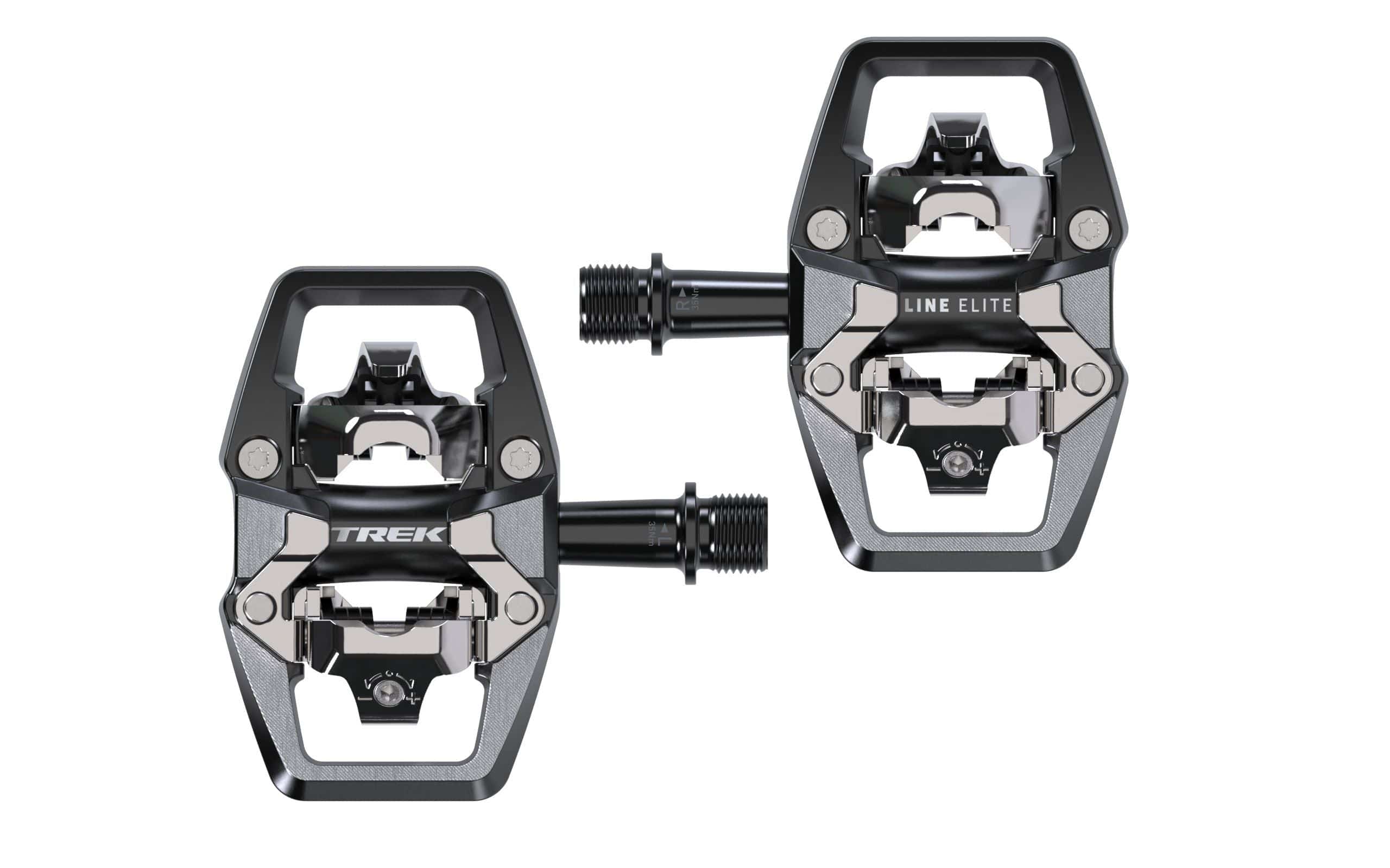 Trek Line Elite black clipless cycling pedals with 9/16 inch spindle, featuring durable components for road biking.