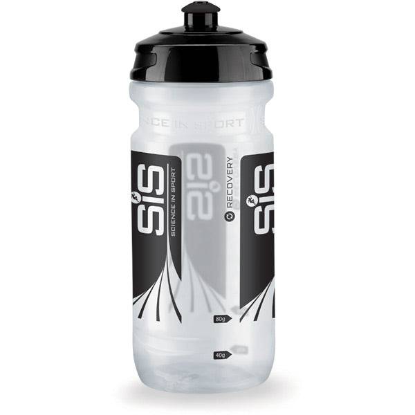 Science In Sport 600ml wide neck drinks bottle with clear markings for SiS powders, made of durable plastic with a screw cap.