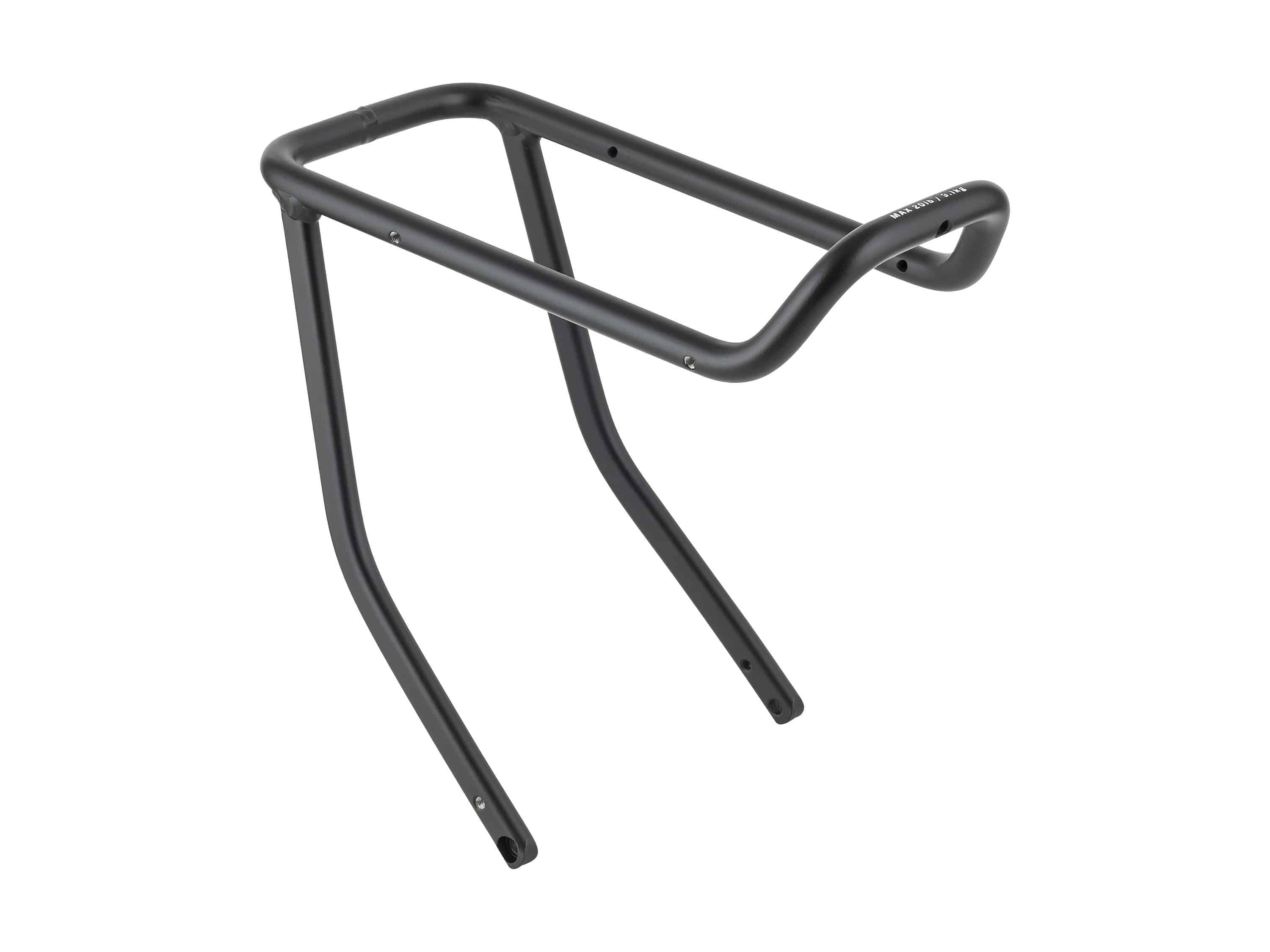 Trek Fetch+ 2 front pannier rack in black, durable bike component for secure front cargo storage, mounted on a bicycle.