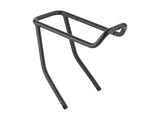 Trek Fetch+ 2 front pannier rack in black, durable bike component for secure front cargo storage, mounted on a bicycle.