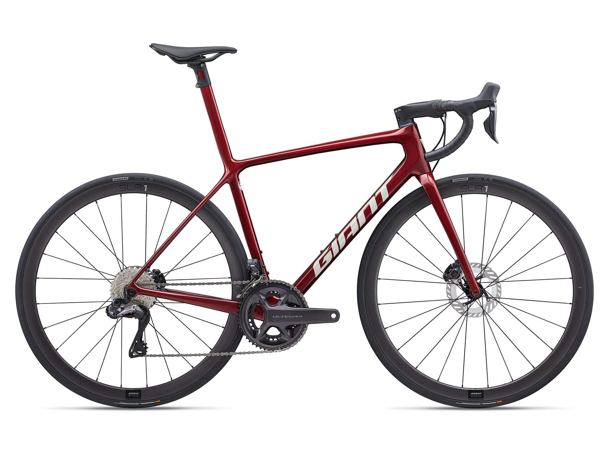 Giant TCR Advanced SL Disc 1 road bike with Shimano Ultegra Di2 electronic shifting, 2024 model, black and red frame, carbon wheels