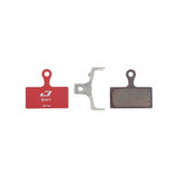 Jagwire Sport semi-metallic disc brake pads for Shimano and RideRever systems, showing the brake pad components and packaging.