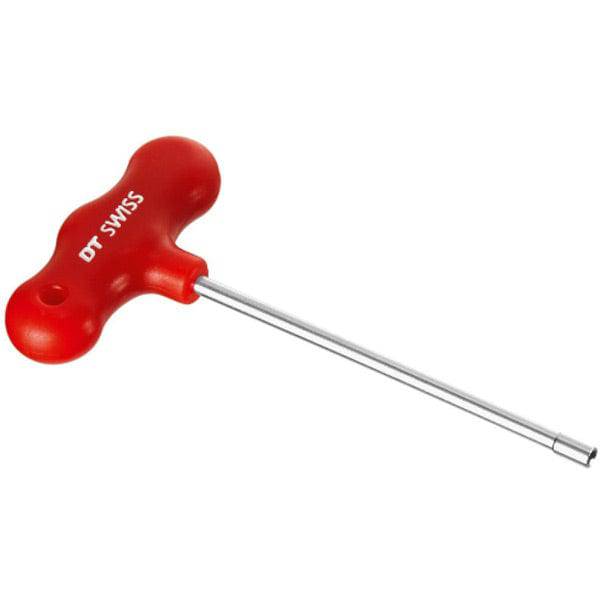 DT Swiss Proline Nipple Wrench for hidden square nipples on aero carbon wheels, shown in a workshop setting.