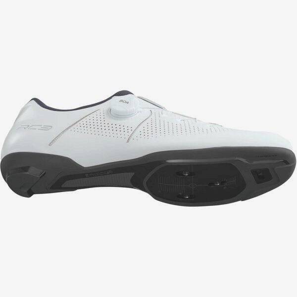 Shimano RC3 road cycling shoes with BOA dial, reflective print, and breathable mesh upper for performance cycling.