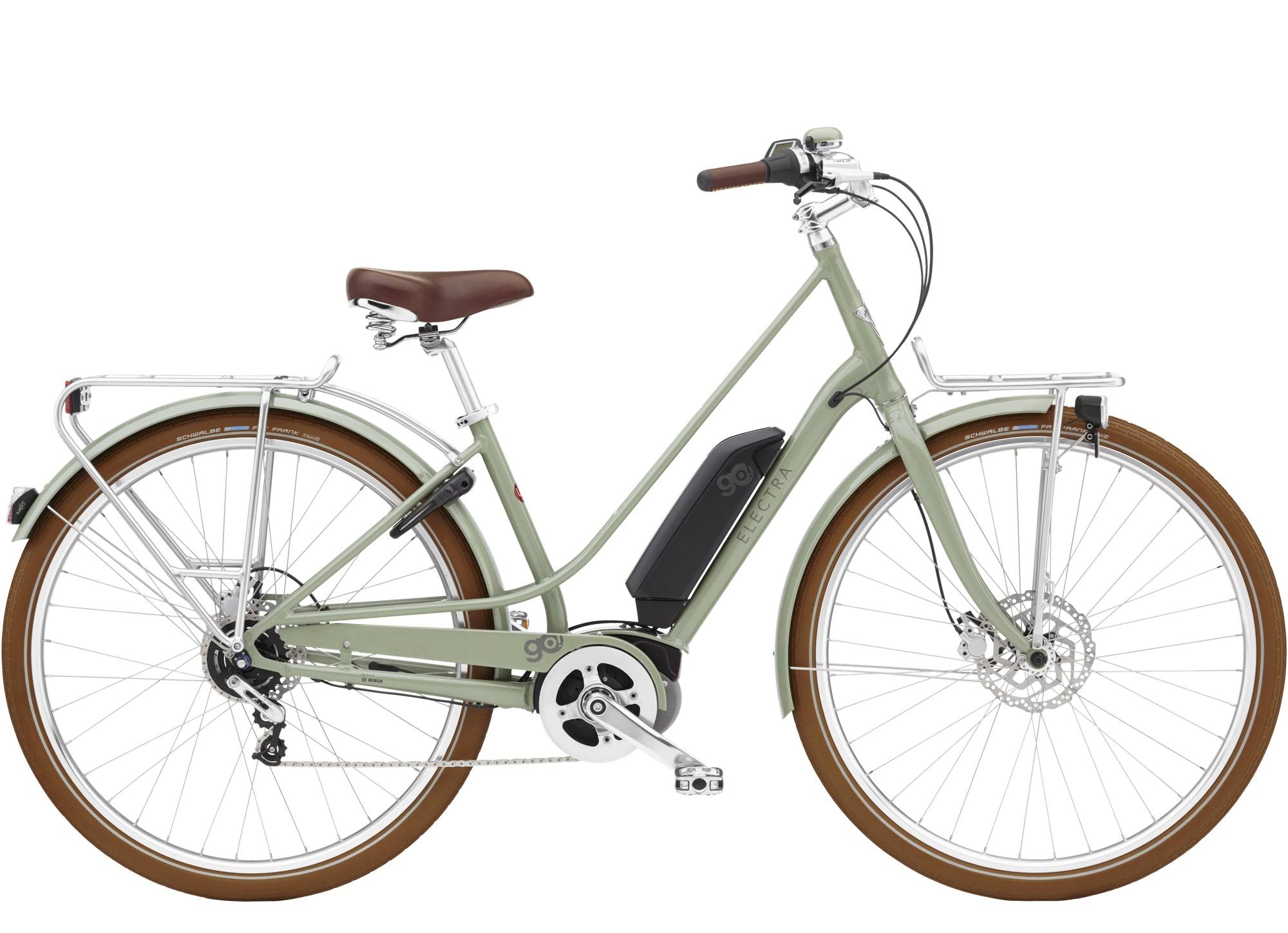 Electra Loft Go! 5i EQ step-thru urban e-hybrid bike with 400Wh Bosch motor and sleek frame design.