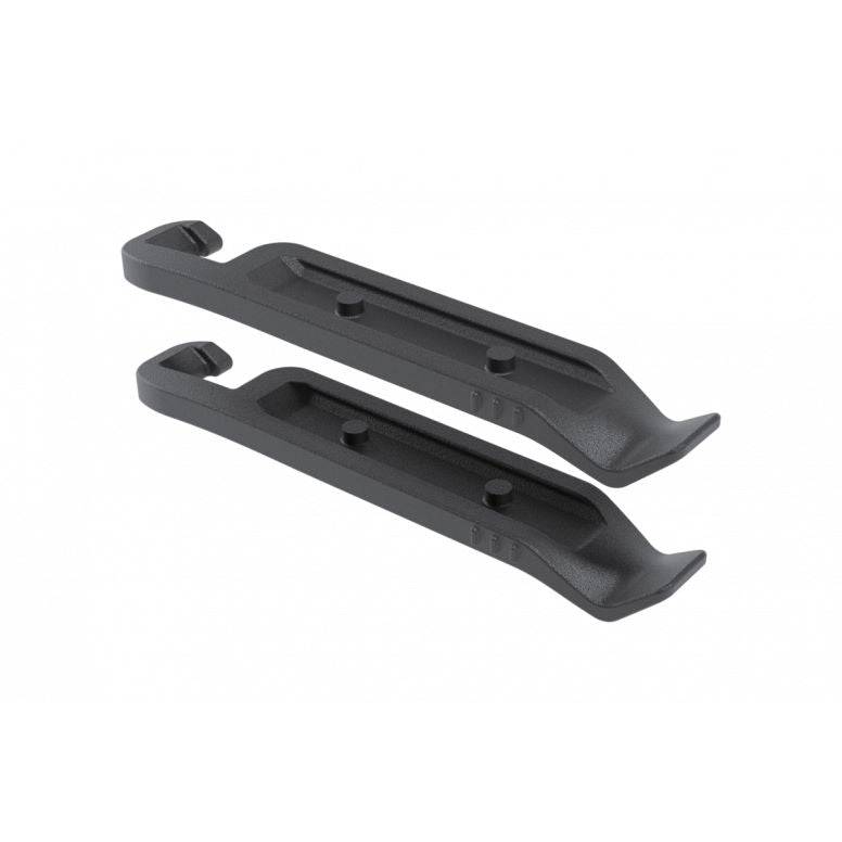 Topeak Free Pack Duo Fixer black bike saddle bag with mounting straps and tyre levers attached, designed for cycling accessories.