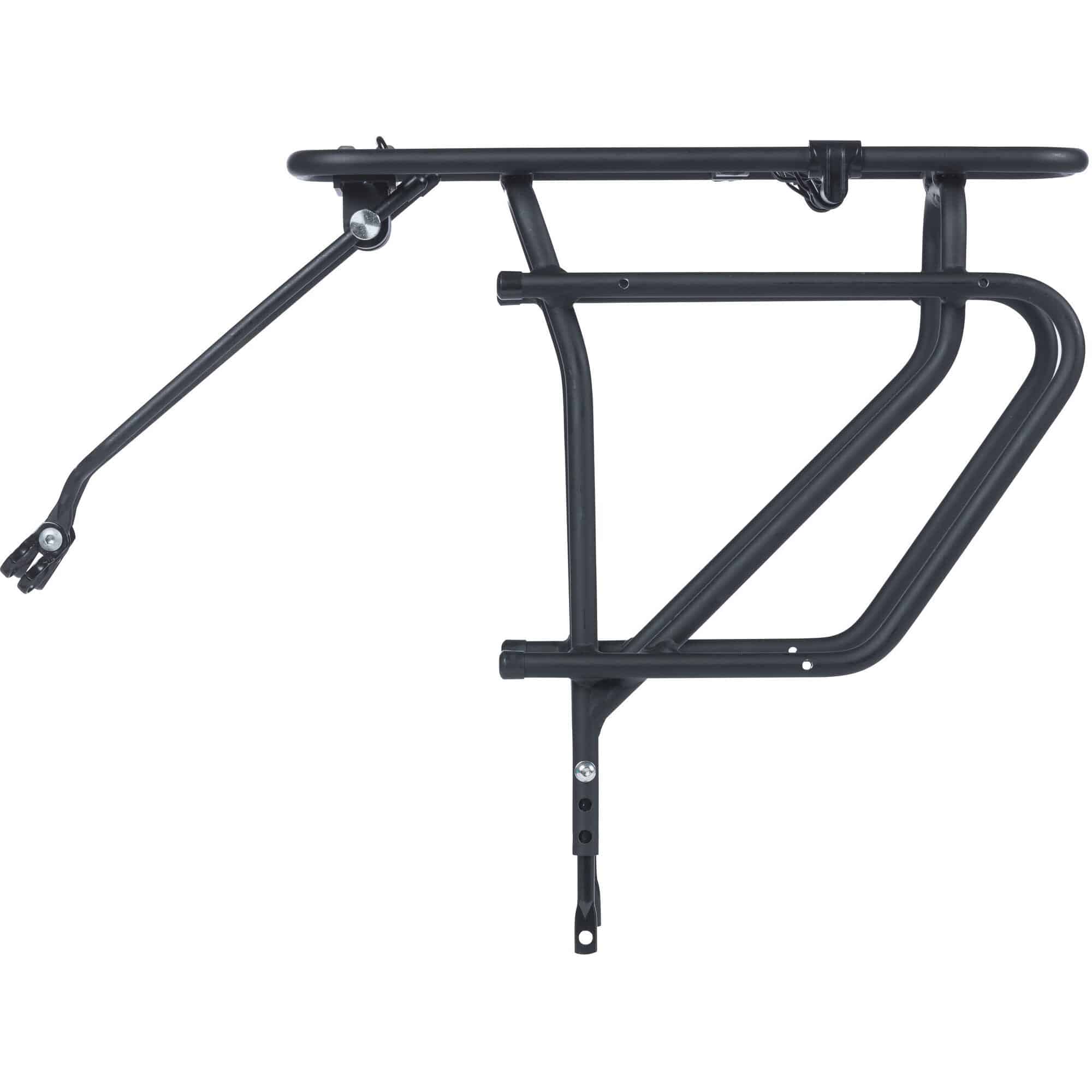 Basil Universal Cargo Carrier MIK STUDS matte black bike rack mounted on a 26-29 inch bike for carrying gear.