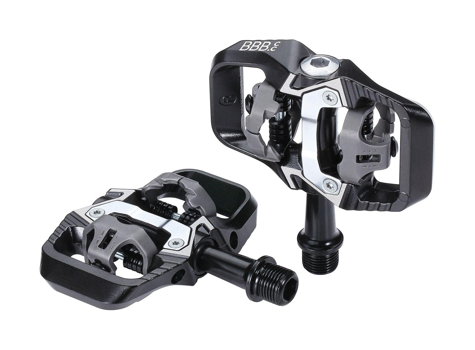 BBB BPD-71 TrailMount clipless MTB pedal with adjustable tension and SPD cleats, shown mounted on a mountain bike crank.