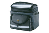 Topeak Tourguide DX black bar bag with QuickClick mount and rain cover, 7.7L cycling accessory mounted on bike handlebar