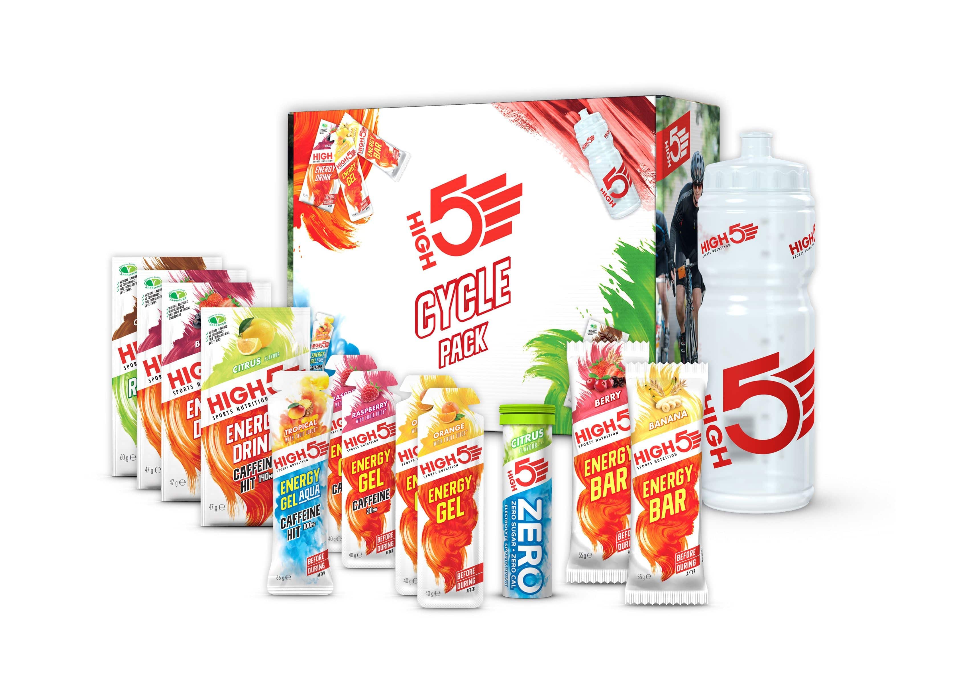 High5 cycle nutrition accessories including energy gels, bars, and hydration products for cycling.