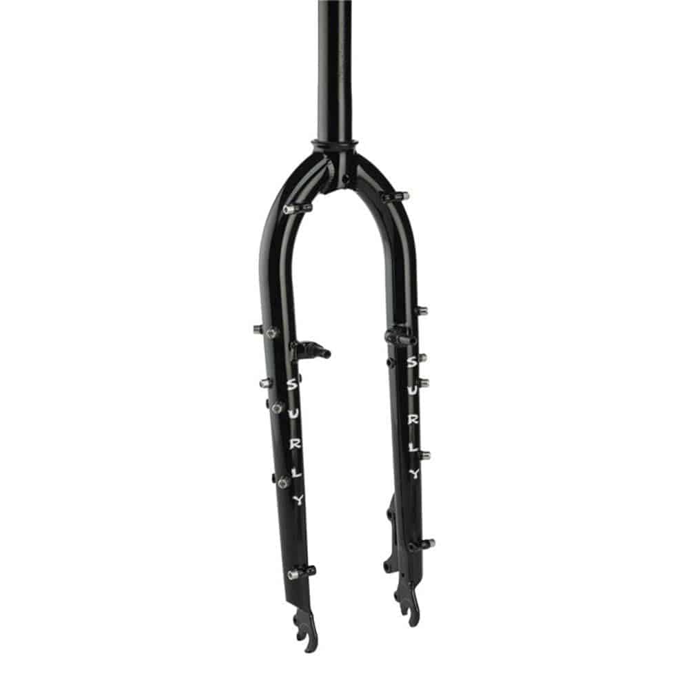 Surly Troll MTB disc fork for 26-inch bikes with rim and disc brake mounts, black steel mountain bike component.