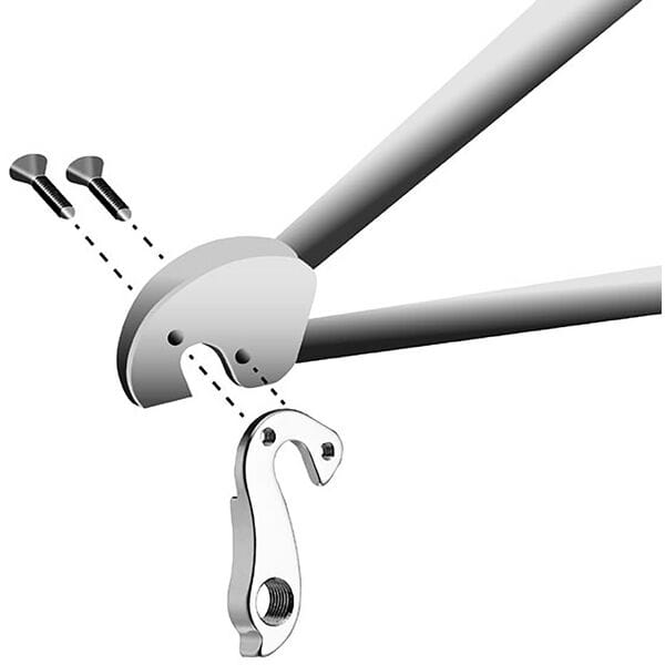 M Part Bulls M Part Gear Hanger BH for bike frame protection, showing durable component with mounting points on a bicycle frame.