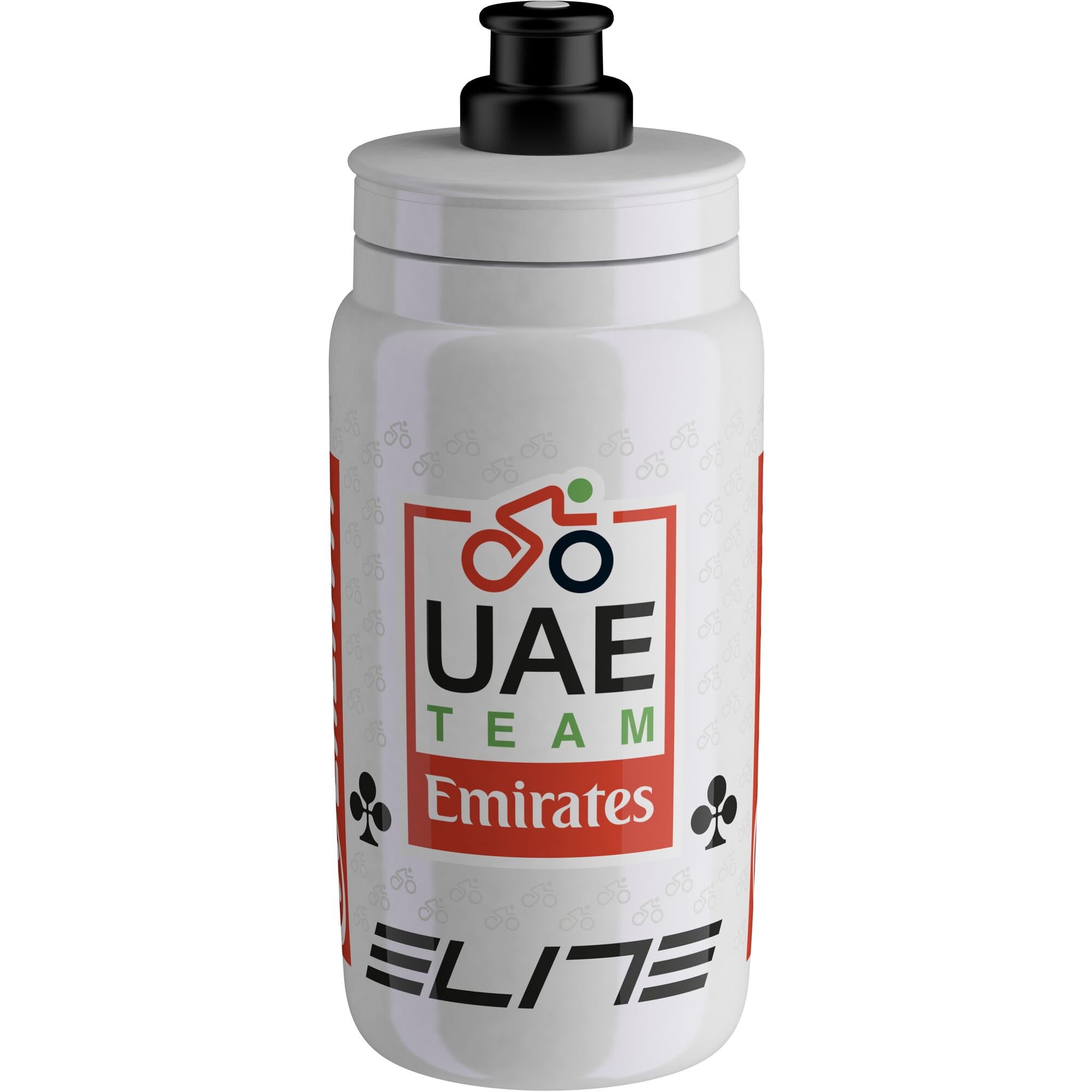 Elite Fly UAE Team Emirates 2026 cycling water bottle, 550 ml bidon, with logo and ergonomic design for cycling accessories.