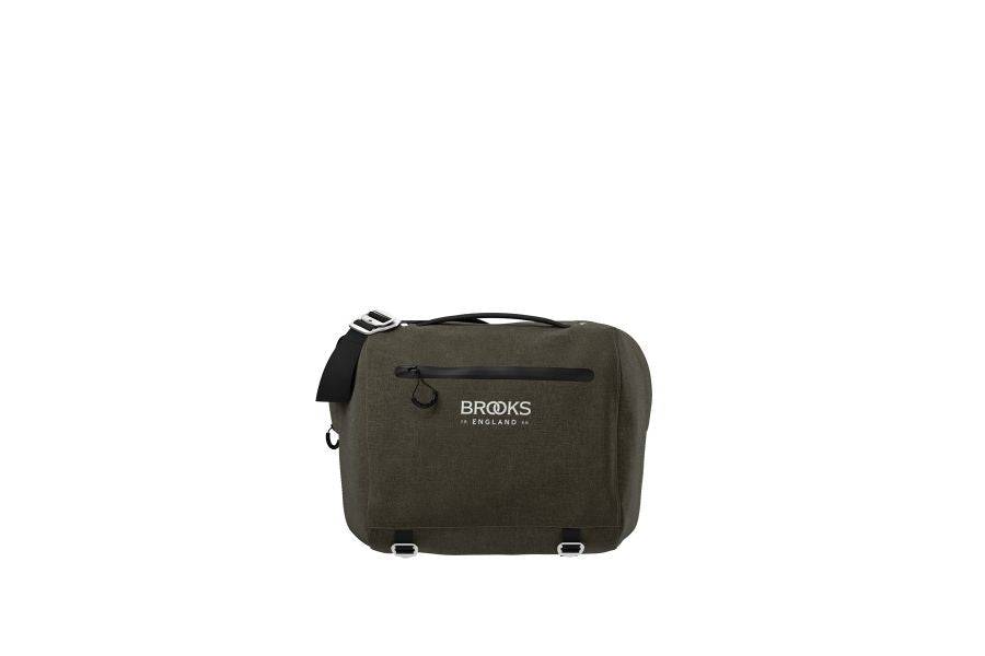 Brooks Scape handlebar bag in mud green, waterproof cycling accessory with a 10L capacity, designed for carrying laptops and gear.