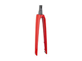 Trek Madone SL6 road bike components with rigid forks, showcasing durable construction and precise steering for cycling.