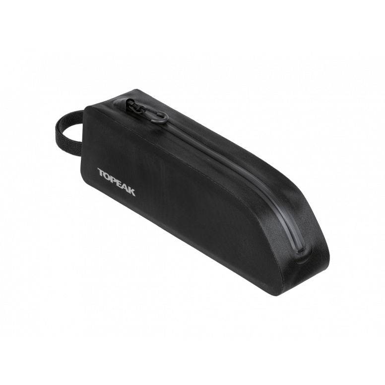Topeak Fastfuel Drybag II black top tube bike bag with weatherproof design and 0.8L capacity, mounted on a bike frame.