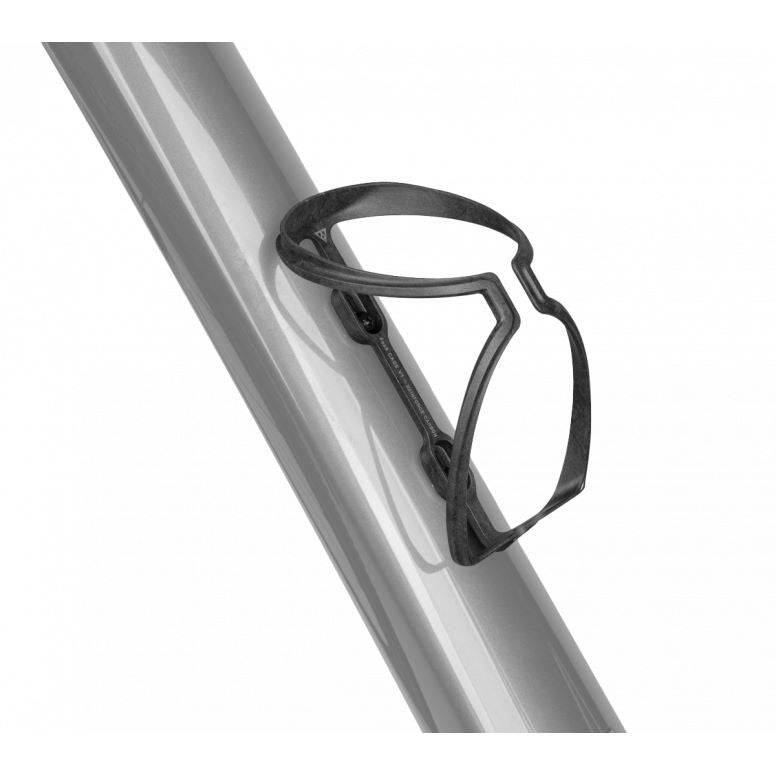 Topeak Feza Cage V1 black carbon fiber bike water bottle cage holder attached to a bike frame