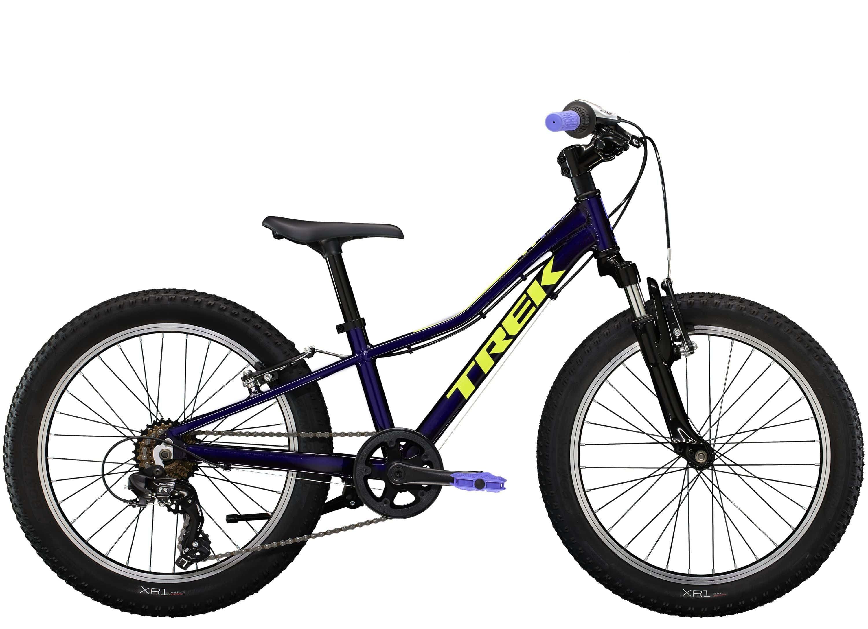 Trek Precaliber 20 Kids Mountain Bike with 7-speed gearing and parent handle for learning and trail riding, shown outdoors.