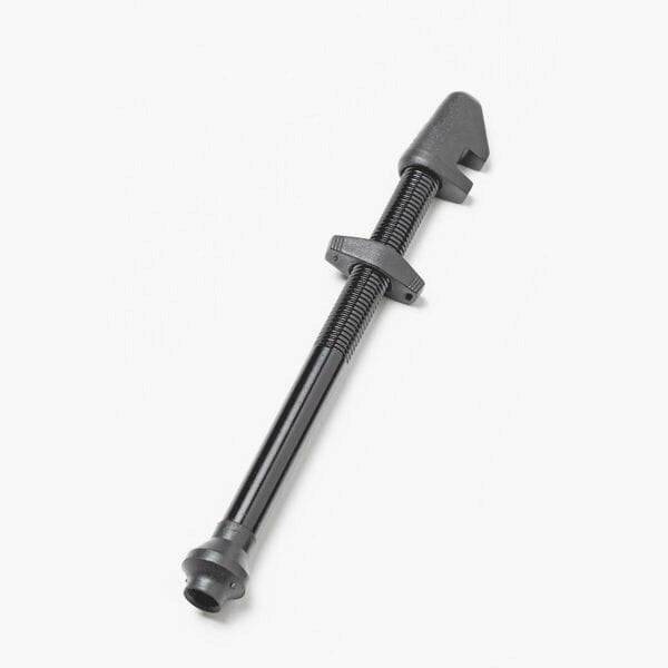 Black DT Swiss tubeless valve with aerodynamic dust cap for 49-65mm deep rims, components for bicycle wheel setup.